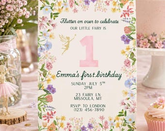 Fairy 1st Birthday Invitation • Magical Woodland Theme • This Little Fairy is Turning 1 | Editable Canva Template (Digital Download)