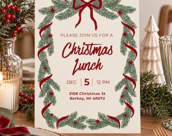 Christmas Lunch Invitation Template, Editable Christmas Party Invite, Holiday Luncheon Invitation, Family Christmas Dinner Canva Template