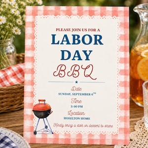 Op de afbeelding: Een rechthoekige uitnodigingskaart voor een Labor Day BBQ met een rood-witte vichy-ruitrand. De tekst luidt: PLEASE JOIN US FOR A LABOR DAY BBQ, Date: SUNDAY, SEPTEMBER 6TH, Time: 3:00 PM, Location: HOSELTON HOME, Kindly bring a dish or dessert to share.