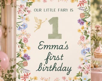 Fairy 1st Birthday Welcome Sign • Magical Woodland Theme • This Little Fairy is Turning 1 | Editable Canva Template (Digital Download)