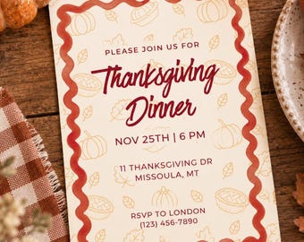 Sjabloon voor een uitnodiging voor een Thanksgiving-diner, uitnodiging voor een Friendsgiving-diner, uitnodiging voor een herfstdiner, bewerkbare Thanksgiving-uitnodiging, printbaar formaat 5x7