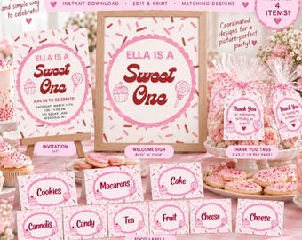 Sweet One • Two Sweet • Three & Sweet • Forever Sweet Birthday Bundle | Welcome Sign, Invitation, Favor Tags and Food Labels | Sweet Party