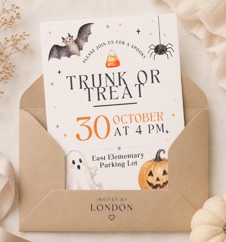 Może przedstawiać: Białe zaproszenie w brązowej kopercie z akwarelowymi ilustracjami nietoperza, pająka, cukierka, ducha i dyni. Tekst brzmi: Please join us for a spooky Trunk or Treat, 30 October at 4 PM, East Elementary Parking Lot.