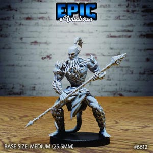 May include: A gray unpainted miniature figure of a humanoid creature with tentacle-like facial features, wearing textured armor on the shoulders and legs, holding a long spear with a pointed tip. The base is labeled as medium 25.5mm.