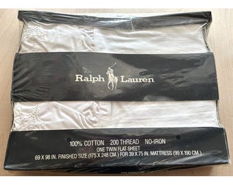 Vintage Ralph Lauren Spannbettlaken, Einzelbett, neu und originalverpackt, weiß, mit Ösen, Baumwolle, Blockhausmuster, Patience