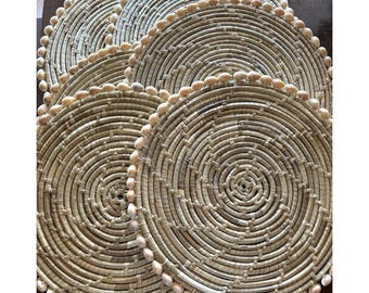 Woven Rattan Cowrie Seashell Placemat Charger LOT of 6 Wicker Beach House 14 1/2
