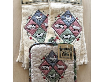 VTG jaren 1980 koe varken kip keukenhanddoek pannenlap VEEL 3 NWT stoffen Cottage