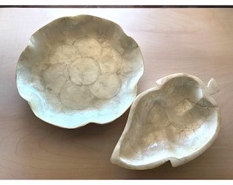 Vtg Capiz Shell Bowl LOT of 2 Leaf Scallop Round Beach Coastal Hawaii Philippine