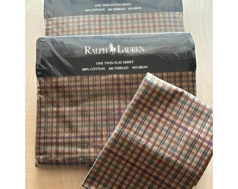 Set di lenzuola singole vintage Ralph Lauren Churchill a quadri multicolore, nuovo nella confezione originale, 1987, cotone marrone.