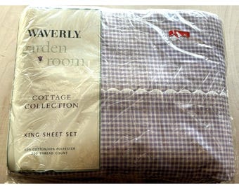 Waverly King Sheet Set NIP Cottage Collection Gingham Lilac Purple Vintage 2001