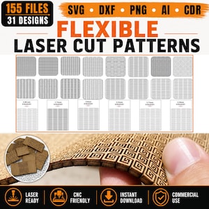 May include: A digital collection of 155 laser cut patterns in SVG, DXF, PNG, AI, and CDR formats. The image displays various geometric grid designs, straight cut specifications, and a close-up of a flexible wooden sheet with a square pattern.
