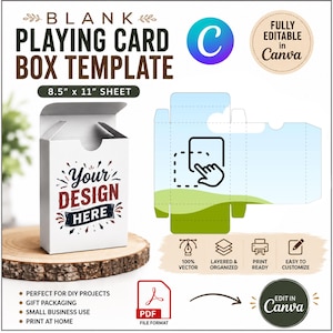 May include: A blank playing card box template designed for an 8.5" x 11" sheet. The image displays a white box with the text 'YOUR DESIGN HERE', a flat layout diagram, a Canva logo, and icons indicating vector, layered, print-ready, and editable features.