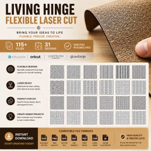 May include: A digital product listing for living hinge flexible laser cut files featuring 115+ files and 31 designs. The graphic displays a brown material with a geometric pattern, a grid of 20 pattern samples, and icons for SVG, PNG, EPS, DXF, PDF, CDR, and AI formats.