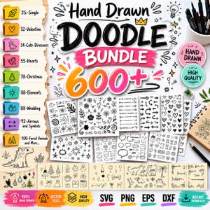 Op de afbeelding: Een digitaal grafisch ontwerppakket met meer dan 600 handgetekende doodle-illustraties. De collectie bevat diverse zwart-witte iconen, symbolen, pijlen en decoratieve elementen, georganiseerd in mappen met thema's zoals Valentine en Christmas.