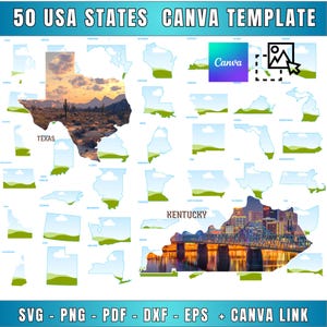 May include: A digital Canva template featuring outlines of the 50 USA states. The text 50 USA STATES CANVA TEMPLATE appears at the top, with SVG, PNG, PDF, DXF, EPS, and CANVA LINK at the bottom. Texas and Kentucky are filled with images.