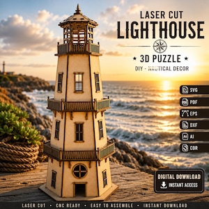 Könnte beinhalten: Ein lasergeschnittenes Leuchtturm-3D-Puzzle aus hellem Holz mit mehreren Ebenen, Balkonen und Fenstern. Der Text lautet LASER CUT LIGHTHOUSE 3D PUZZLE DIY - NAUTICAL DECOR, sowie die Dateiformate SVG, PDF, EPS, DXF, AI, CDR und DIGITAL DOWNLOAD.