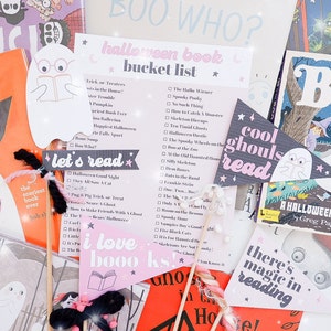 May include: A collection of Halloween-themed book-related items, including a pink and black "I love books" sign, a gray ghost with the text "cool ghouls read", and a pink and black "let's read" sign. There is also a white and black book with the text "the scariest book ever" and a pink and black checklist with the text "halloween book bucket list".
