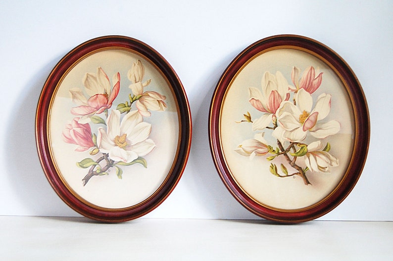 Vintage Botanical Prints in Oval Frames Set of Two Magnolia Etsy