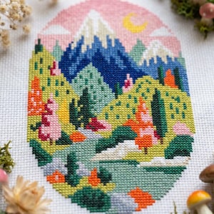 Färgglatt bergslandskap korsstygnsmönster PDF, broderidiagram för naturskönhet, modern vildmarksdekor, omedelbar nedladdning - nbp9