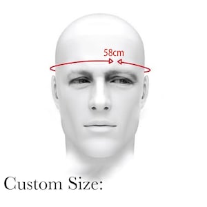 May include: A white mannequin head showing a head circumference measurement of 58 cm. A red line encircles the forehead area with arrows pointing toward the center, accompanied by the text 58cm and the label Custom Size below the head.