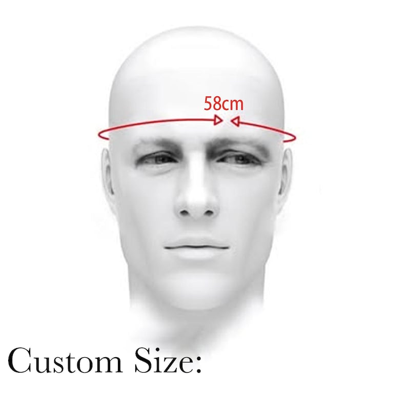 May include: A white mannequin head showing a head circumference measurement of 58 cm. A red line encircles the forehead area with arrows pointing toward the center, accompanied by the text 58cm and the label Custom Size below the head.
