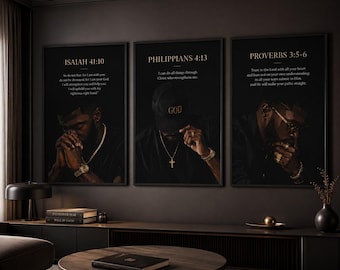 Christian Black Man Wall Art Set of 3, Bible Verse Prints, Faith Decor Collection