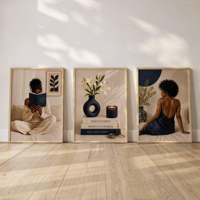 May include: Three framed wall art prints. The left shows a person in beige loungewear reading a book. The center features a dark blue vase with white lilies, a candle, and books labeled Make It Happen, Protect Your Peace, and Feel Good Energy. The right shows a person in a dark blue dress.