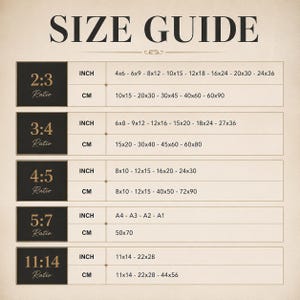 May include: A size guide chart with the heading SIZE GUIDE, listing various aspect ratios including 2:3, 3:4, 4:5, 5:7, and 11:14. Each ratio row displays corresponding dimensions in inches and centimeters, providing a reference for standard print sizes.