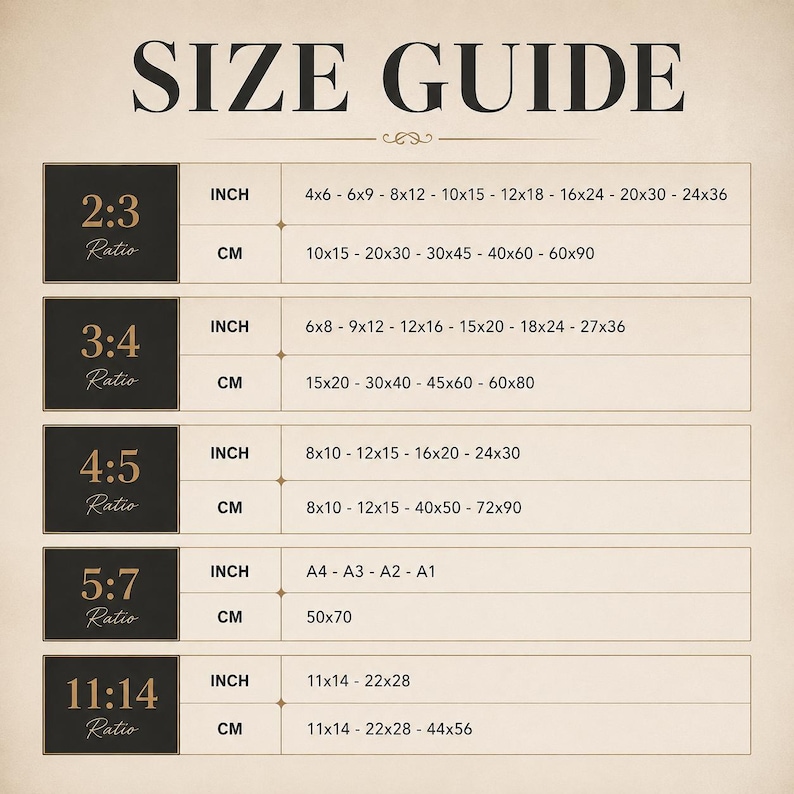 May include: A size guide chart with the heading SIZE GUIDE, listing various aspect ratios including 2:3, 3:4, 4:5, 5:7, and 11:14. Each ratio row displays corresponding dimensions in inches and centimeters, providing a reference for standard print sizes.