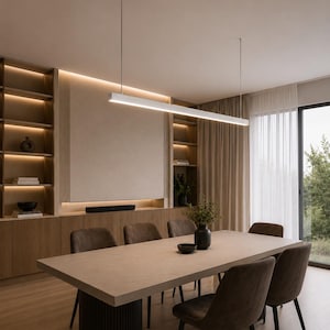May include: A rectangular dining table with a light beige stone top and a dark brown cylindrical fluted base, surrounded by six dark brown upholstered chairs with black metal legs, positioned under a long, thin, white linear pendant light.
