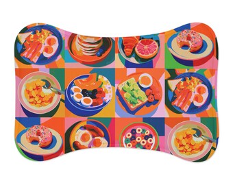 Tapis d'alimentation pour animaux de compagnie à motif petit-déjeuner rétro | Pop art alimentaire coloré