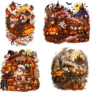 May include: A set of four Halloween-themed illustrations featuring a whale with a ghost rider, a pumpkin-themed train labeled Ghost Town, a ghost baker in a pumpkin bakery with text reading Baked with love a little magic, and a spooky train.