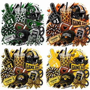 Puede incluir: Una colección de cuatro diseños gráficos con temática deportiva que incluyen cascos de fútbol americano, dedos de espuma con #1, vasos con pajitas, pompones, balones de fútbol, gorras, banderines con texto como GAME DAY, lazos y gafas.