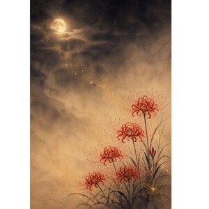 May include: A digital illustration featuring five vibrant red spider lily flowers with long, thin petals and slender green stems. The background shows a dark, cloudy night sky with a bright, glowing full moon and a trail of golden sparkles.