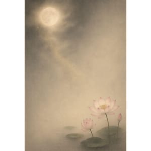 Zen Lotus Moon | Japanese Lotus Wall Art | Nihonga Floral Decor | Meditation Room Printable | Digital Download