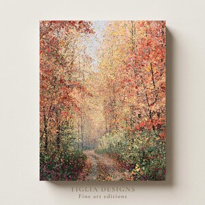 Leinwanddruck „Herbstlicher Waldweg“ | Pointillistisches impressionistisches Gemälde | Wandbild in warmen Herbstfarben