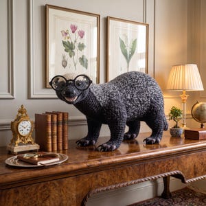 May include: A large, handcrafted crochet badger figure with textured grey and black yarn, wearing round black-rimmed glasses with small star accents. The badger is positioned on a wooden surface, featuring detailed paws with claws and a white-tipped snout.