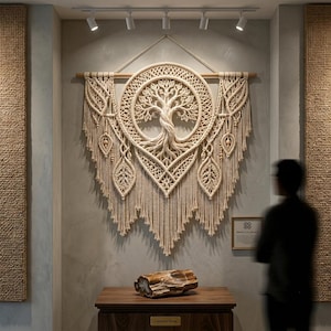 Pu&ograve; includere: Un grande arazzo in macram&egrave; color crema caratterizzato da un design centrale circolare con albero della vita, intricati motivi a nodi e frange pendenti. L'opera &egrave; sospesa a un'asta di legno e include accenti decorativi a forma di foglia.