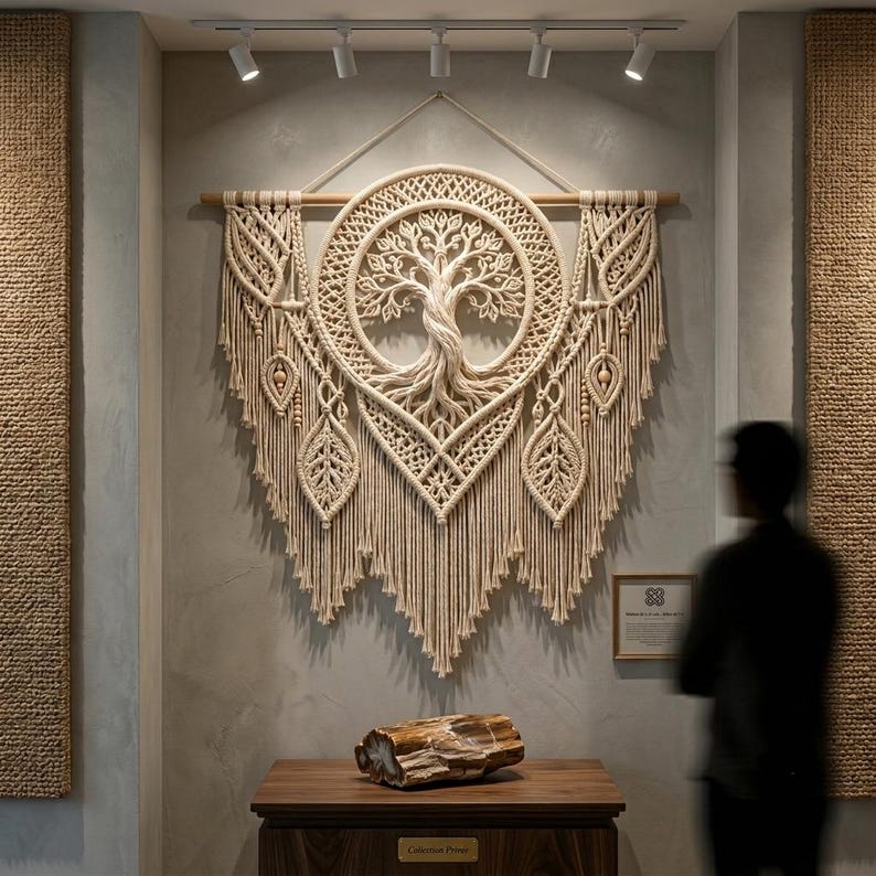 Pu&ograve; includere: Un grande arazzo in macram&egrave; color crema caratterizzato da un design centrale circolare con albero della vita, intricati motivi a nodi e frange pendenti. L'opera &egrave; sospesa a un'asta di legno e include accenti decorativi a forma di foglia.