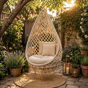 Crochet Hanging Chair Pattern, Boho Macrame Net Pod Cocoon Chair PDF, Beginner Egg Swing Chair with Leaf Fringe & Fairy Lights