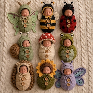 May include: A collection of nine crochet baby cocoons featuring various animal and nature themes including a moth, bee, ladybug, snail, mushroom, frog, hedgehog, sunflower, and butterfly, each with two wooden buttons and a matching hood.