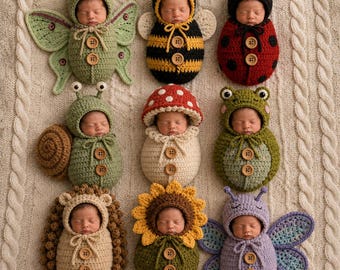 Paquete de patrones de ganchillo para capullos de bebé en formato PDF, 9 diseños inspirados en la naturaleza del bosque, accesorios para fotos de recién nacidos.