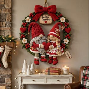 May include: A decorative wreath featuring two crocheted gnomes holding a red heart, adorned with red berries, white flowers, and a large red bow. A rectangular sign hangs from the top with the text Better Together and a small red heart.