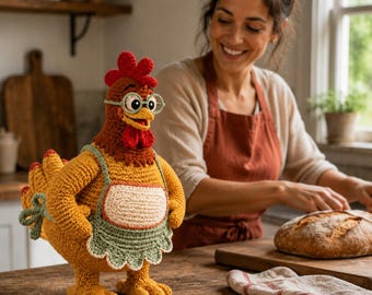 Patrón de gallina de ganchillo en PDF, gallina de granja amigurumi con delantal y gafas, juguete de peluche de animal de granja, decoración de cocina, descarga instantánea.