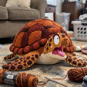 May include: A large, crocheted sea turtle plush toy featuring a textured shell in shades of brown and orange, a cream-colored underside, and a wide-open mouth with a pink tongue. The turtle has large white eyes with black pupils.