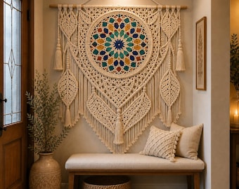 Patrón de mandala de ganchillo para colgar en la pared, decoración de pared estilo boho marroquí, mandala geométrico, flecos de borlas, patrón de ganchillo en PDF + vídeo