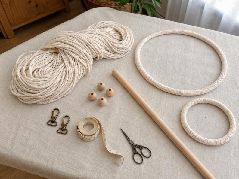 Pu&ograve; includere: Un kit per macram&egrave; composto da una grande matassa di corda di cotone color bianco sporco, due anelli metallici circolari rivestiti in corda, un bastoncino di legno liscio, quattro perline di legno, due moschettoni in bronzo, un metro a nastro e forbici.