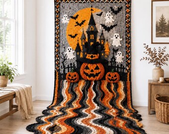 Patrón de ganchillo en PDF para tapiz de casa embrujada, gran tapiz de pared de fantasma y murciélago de Halloween, flecos ondulados de bruja