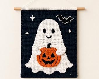 Patrón de tapiz de ganchillo de Halloween en PDF, tapiz de pared con fantasmas y calabazas de Halloween en capas.
