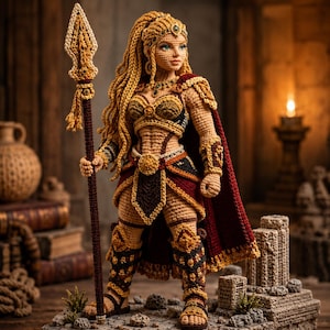 May include: A handcrafted crochet doll of a warrior figure with long blonde hair, wearing detailed armor in shades of gold, brown, and deep red. The figure holds a tall, pointed spear and wears a matching cape, leg guards, and bracers.